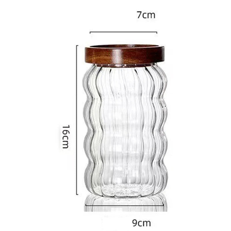 Striped Glass With Wooden Lid Sealed Jar