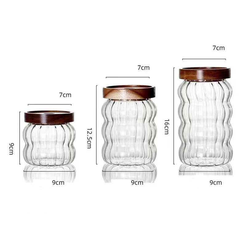 Striped Glass With Wooden Lid Sealed Jar