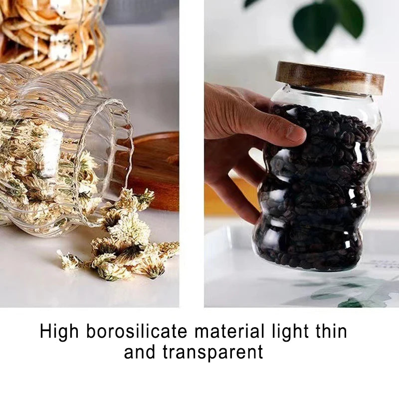 Striped Glass With Wooden Lid Sealed Jar
