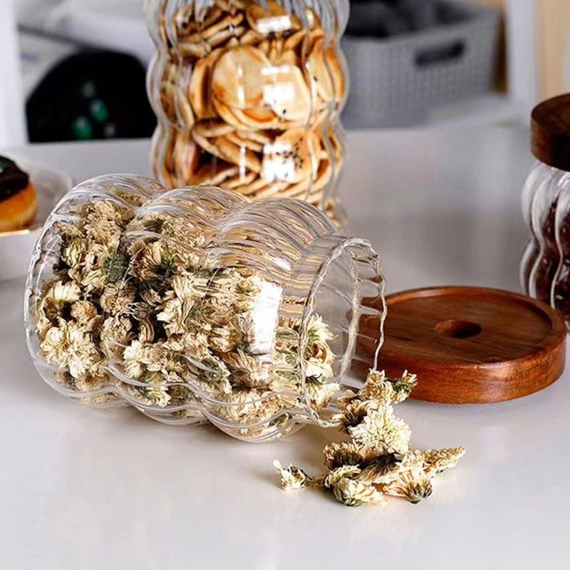 Striped Glass With Wooden Lid Sealed Jar