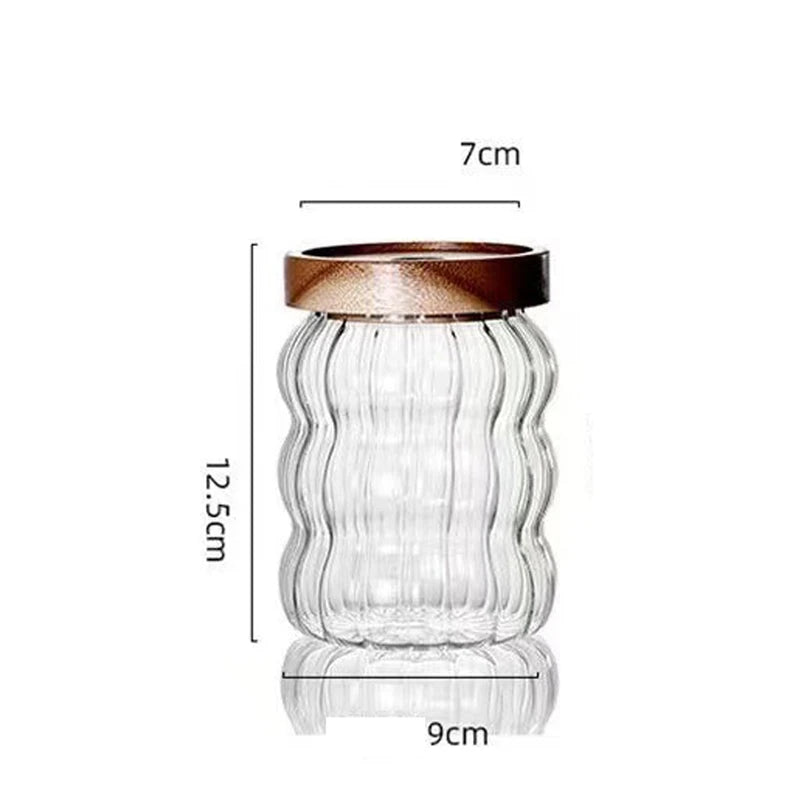 Striped Glass With Wooden Lid Sealed Jar