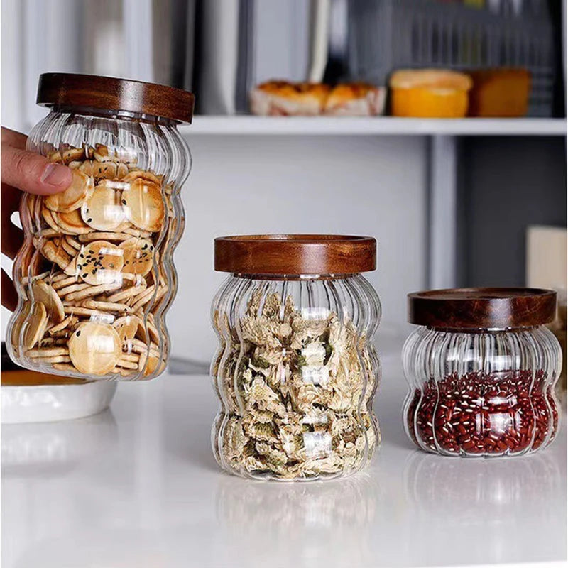Striped Glass With Wooden Lid Sealed Jar