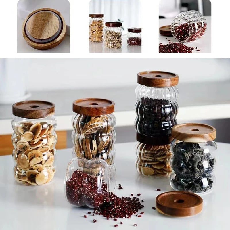 Striped Glass With Wooden Lid Sealed Jar
