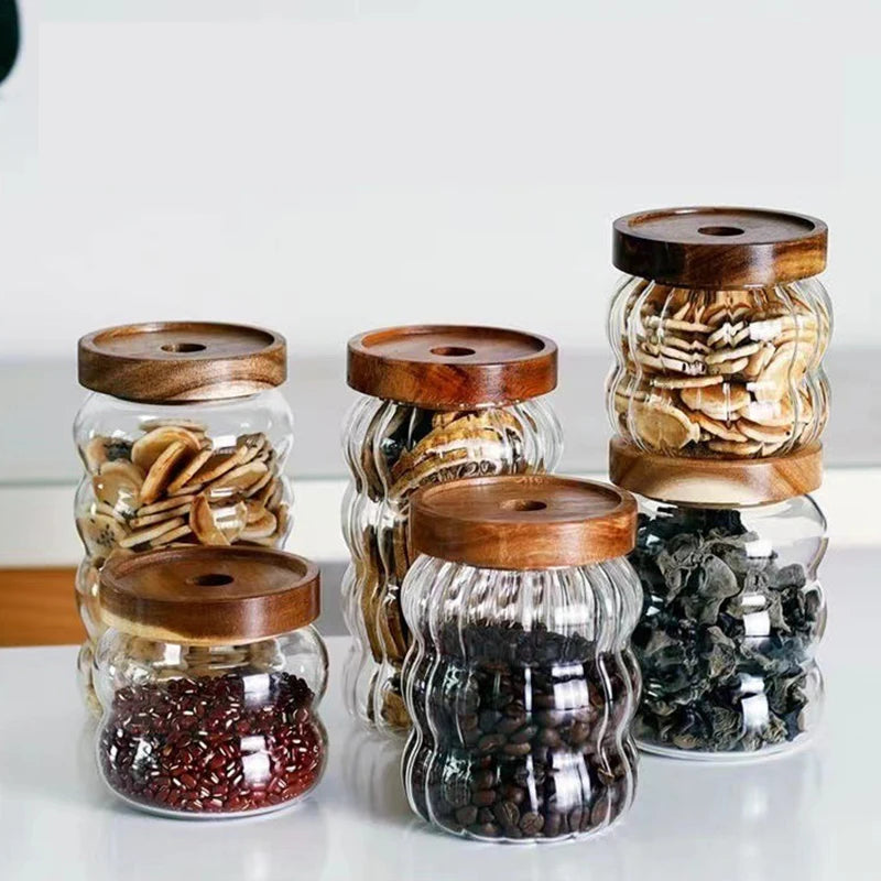Striped Glass With Wooden Lid Sealed Jar