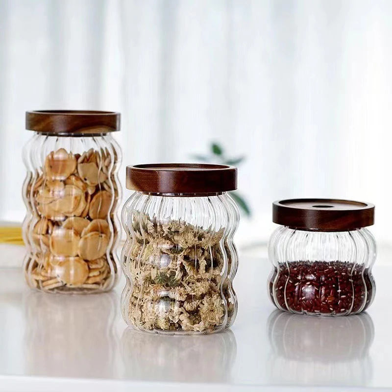 Striped Glass With Wooden Lid Sealed Jar