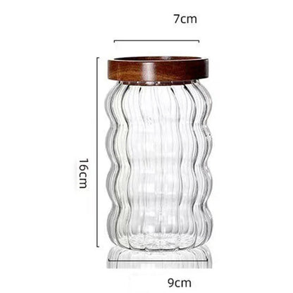Striped Glass With Wooden Lid Sealed Jar