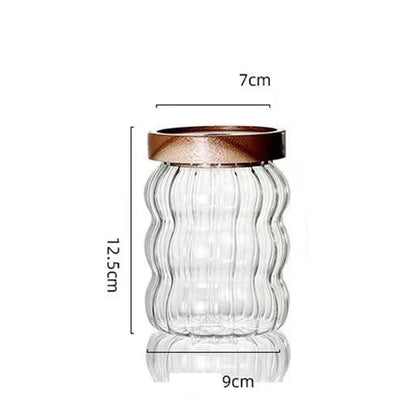 Striped Glass With Wooden Lid Sealed Jar