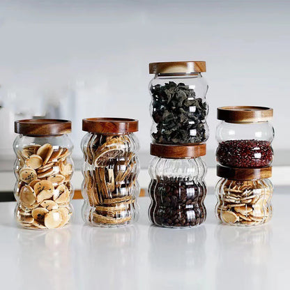 Striped Glass With Wooden Lid Sealed Jar
