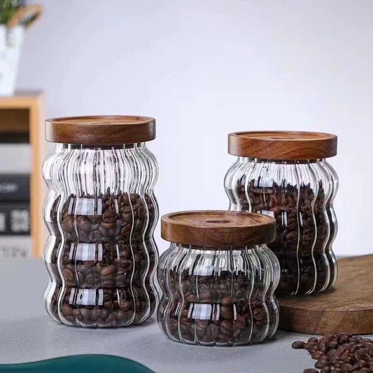 Striped Glass With Wooden Lid Sealed Jar